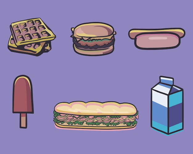 6 set di illustrazione vettoriale di pretzel hamburger hotdog gelato sandwich