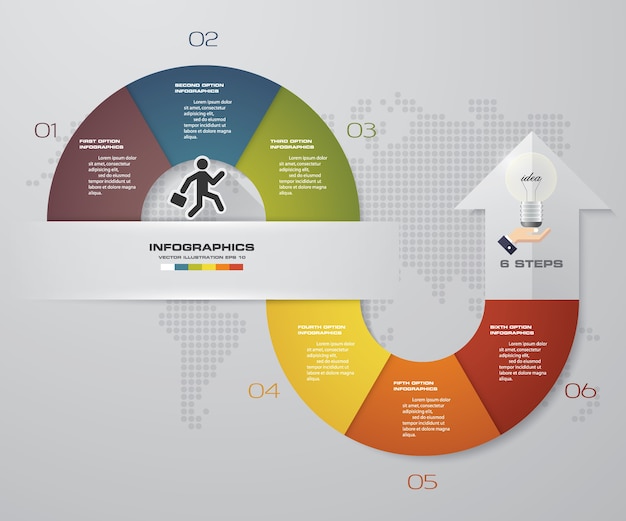 6 stappen arrow infographics sjabloon voor gegevenspresentatie.