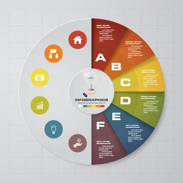 6 stappen cirkeldiagraminfographicselementen.