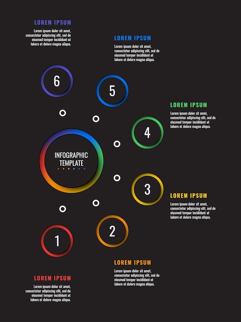 6 stappen infographic sjabloon met ronde papier gesneden elementen op zwarte achtergrond bedrijfsproces