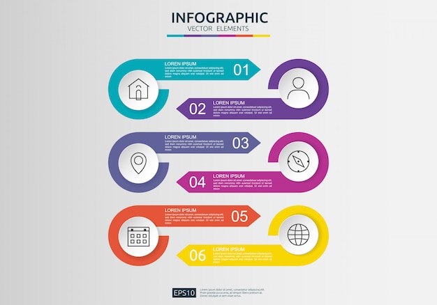 6 stappen infographic. tijdlijn ontwerpsjabloon met 3D-papieren label