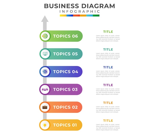 6 stappen modern tijdlijndiagram met stappenplan en pictogrammen