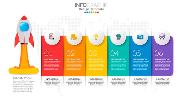 6 stappen opstarten infographics met raketlancering. zakelijke en financiële concept.