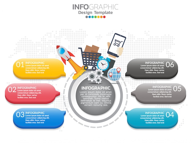 6 passo del modello di progettazione infografica timeline con opzioni, diagramma di processo.