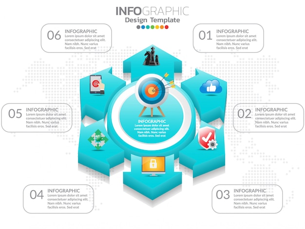 6 passo del modello di progettazione infografica timeline con opzioni, diagramma di processo.