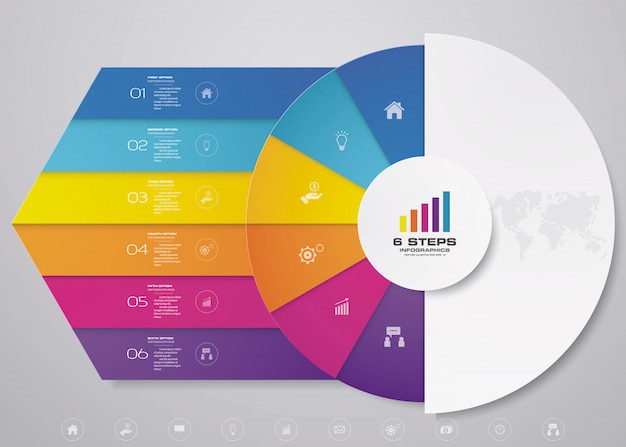 Vettore elementi di infographics del grafico del ciclo di 6 passaggi per la presentazione dei dati.