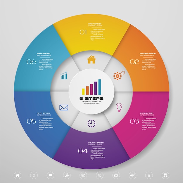 Elementi di infographics del grafico del ciclo di 6 passaggi per la presentazione dei dati.