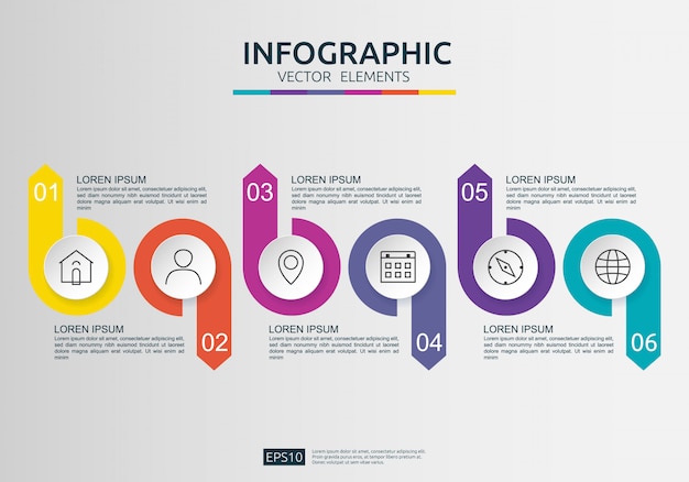6 шагов инфографики. шаблон дизайна временной шкалы с 3d бумажной этикеткой