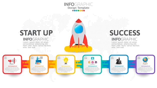 로켓 발사 6 단계 시작 인포 그래픽. 비즈니스 및 금융 개념.