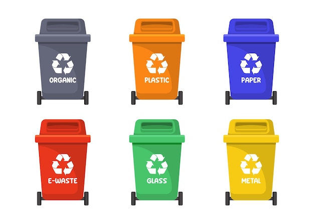 Vector 6 waste sorting bins illustrations