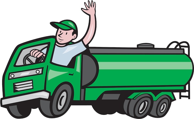 6 Wheeler Tanker Truck Driver Waving Cartoon