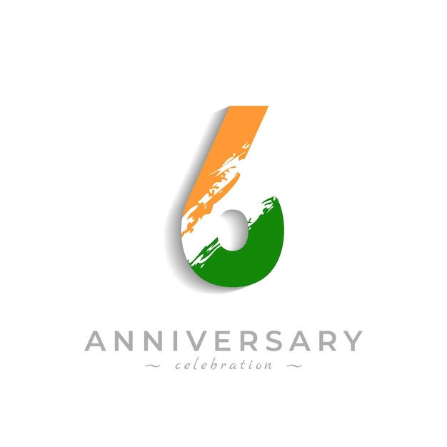 黄色のサフランと緑のインドの旗の色のブラシホワイトスラッシュで6周年記念のお祝い