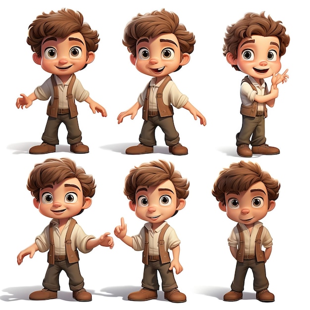 Vector 6 year old boy cartoon character multiple poses and expres