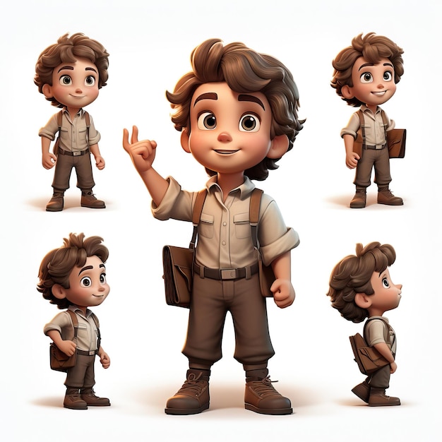 Vector 6 year old boy cartoon character multiple poses and expres