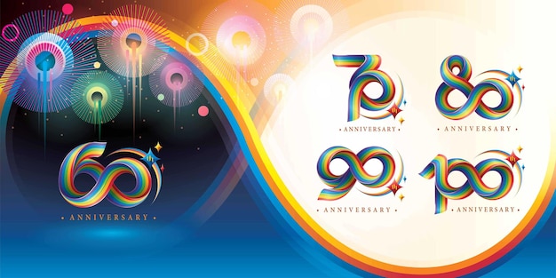 60 to 100 years anniversary colorful logo. abstract twist infinity multiple line rainbow with star