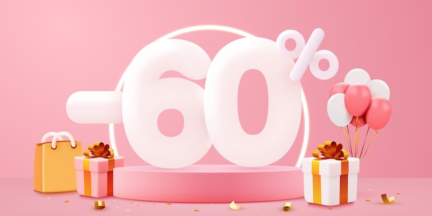 60 percent Off Discount creative composition Sale symbol with decorative objects balloons and gift box Sale banner and poster