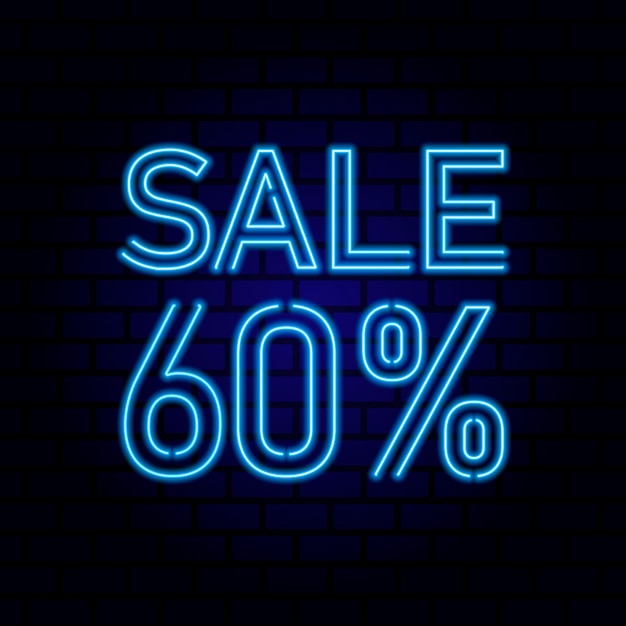 60% SALE 빛나는 네온 램프 기호 벡터 일러스트 레이 션