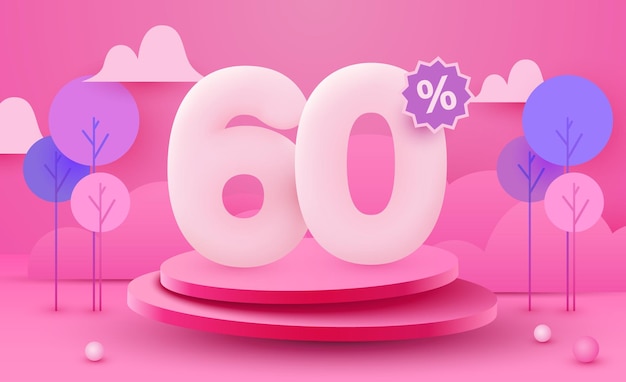 60 procent korting op creatieve compositie 3D-verkoopsymbool met decoratieve objecten en podium Verkoopbanner en poster