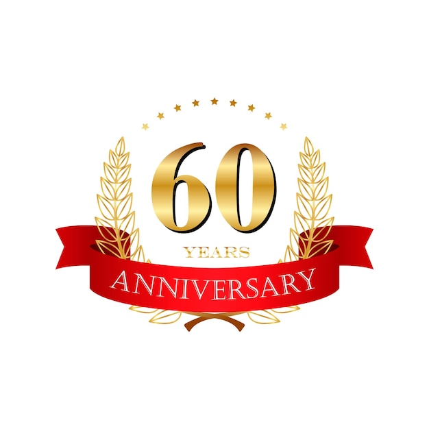 Vector 60 years anniversary golden label with ribbons on a white background