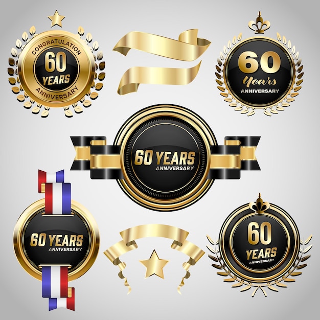 Vector 60 years anniversary logo with golden ribbon set of vintage anniversary badges celebration