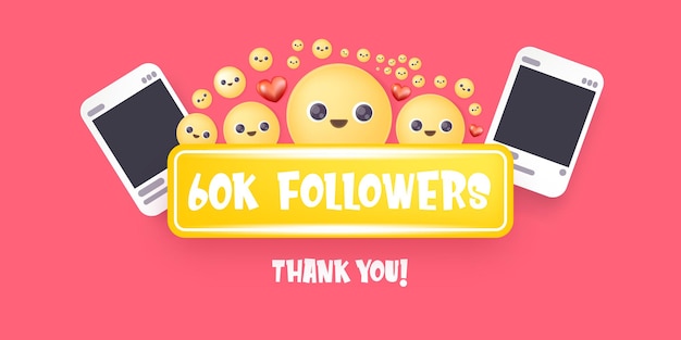 Vector 60k followers banner design template with smile faces