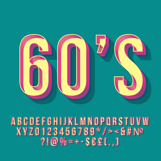 Vector 60s vintage 3d vector lettering retro bold font pop art stylized text old school style letters numbers symbols pack 90s 80s poster banner t shirt typography design turquoise color background