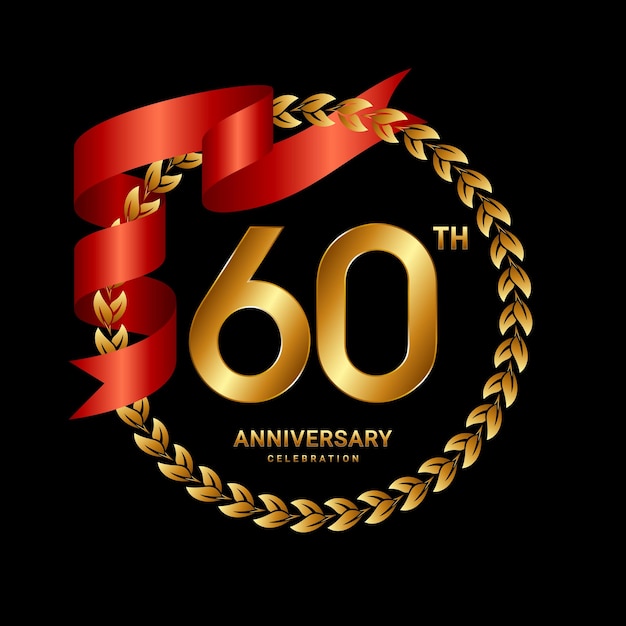 60th Anniversary Logo Design with Laurel Wreath and Red Ribbon Logo Vector Template