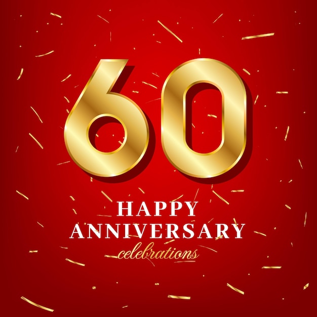 빨간색 배경에 황금색 숫자와 황금 색종이 조각이 있는 60주년 벡터 템플릿