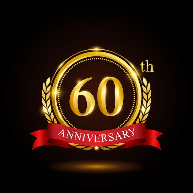 60th golden anniversary template design with shiny ring and red ribbon laurel wreath isolated on black background logo vector