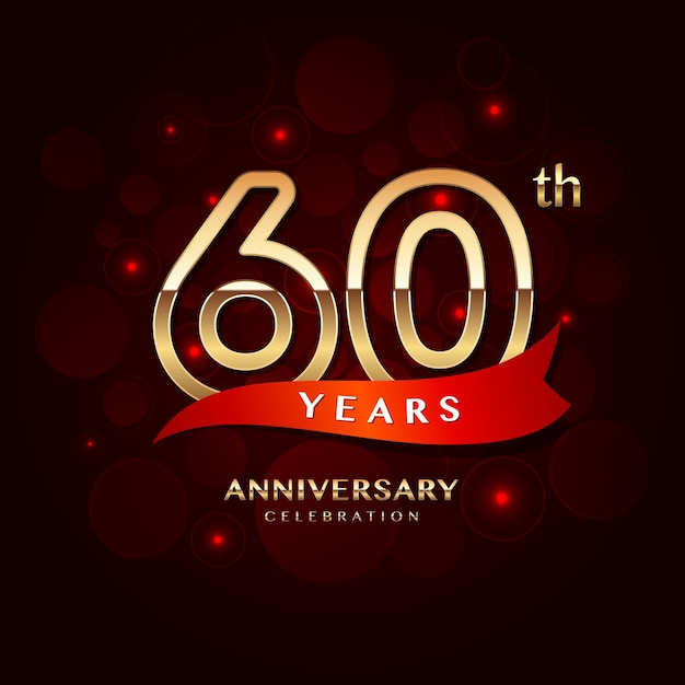 60th year anniversary celebration logo design with a golden number and red ribbon vector template