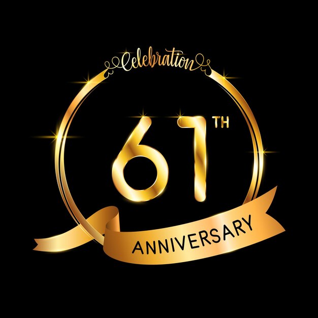 61th Anniversary template design with gold color ribbon and ring Logo Vector Template