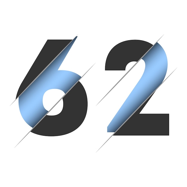 62 number, 3d cut design. Icon for celebration design. Vector typography. Creative black design.