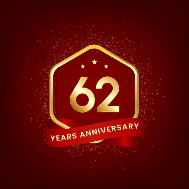 62 years anniversary Anniversary template design with gold number and red ribbon design for event invitation card greeting card banner poster flyer book cover and print Vector Eps10