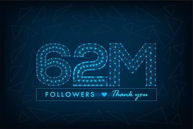 62M followers polygonal wireframe social media post with abstract low poly blue background