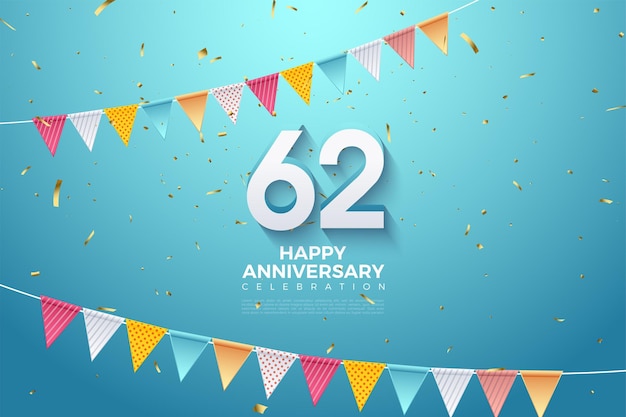 Vector 62nd anniversary with 3d numbers and vivid shadows.