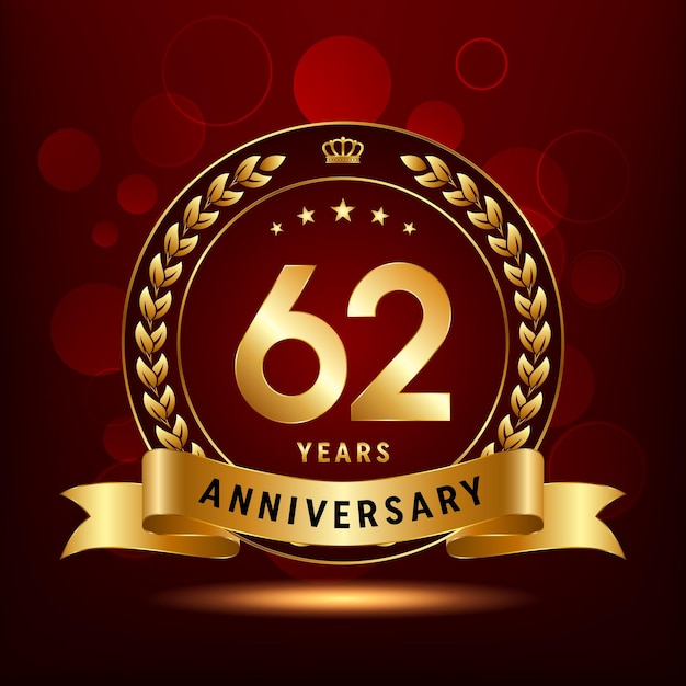 62th anniversary celebration logo design with laurel wreath and golden ribbon Logo Vector Template