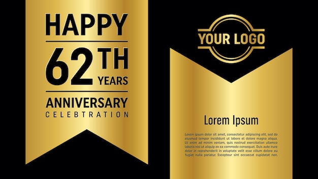 Vector 62th anniversary celebration template design concept with golden ribbon vector template