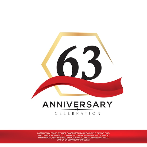63주년 기념 디자인. 빨간색 리본이 있는 기념일 우아함 황금색 및 검은색 로고