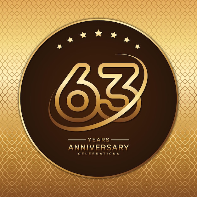 金色のパターンの背景に金色の数字とリングが付いた 63 周年記念ロゴ