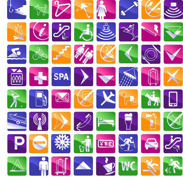 Vector 64 bright glossy multicolored hotel icons