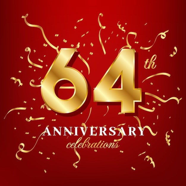 64 golden numbers and anniversary celebrating text with golden confetti spread on a red background