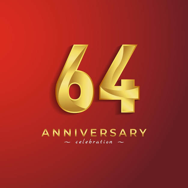 64 Year Anniversary Celebration with Golden Shiny Color for Celebration Isolated on Red Background