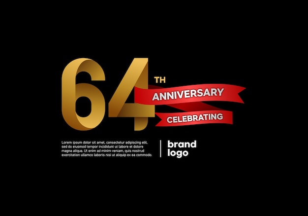 64 years anniversary icon logo design with gold and red emblem on black background