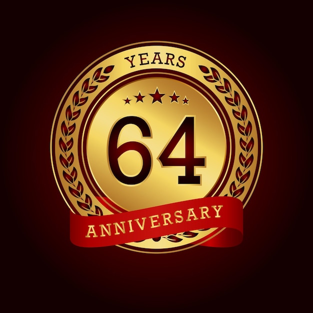 64 years anniversary with a golden circle and red ribbon in a dark red background