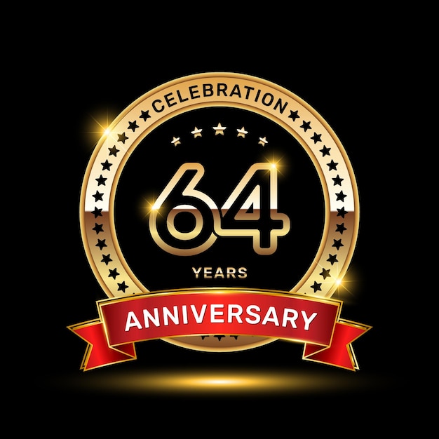 Vector 64th anniversary celebration logo design with golden color emblem style and red ribbon