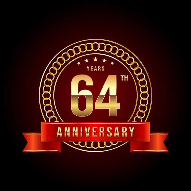 Vector 64th anniversary logo design with golden number and red ribbon vector logo template illustration