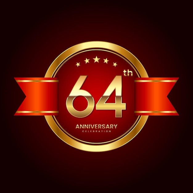 벡터 배지 스타일의 64주년 로고 금색과 빨간색 리본 로고 벡터가 있는 기념일 로고