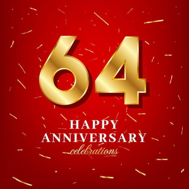 64th anniversary vector template with a golden number and golden confetti spread on a red background