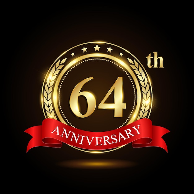 64th golden anniversary logo with shiny ring and red ribbon Laurel wrath isolated on black background vector design