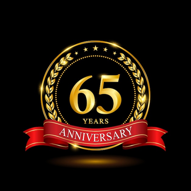 65 Years Anniversary template design with shiny ring and red ribbon laurel wreath isolated on black background logo vector